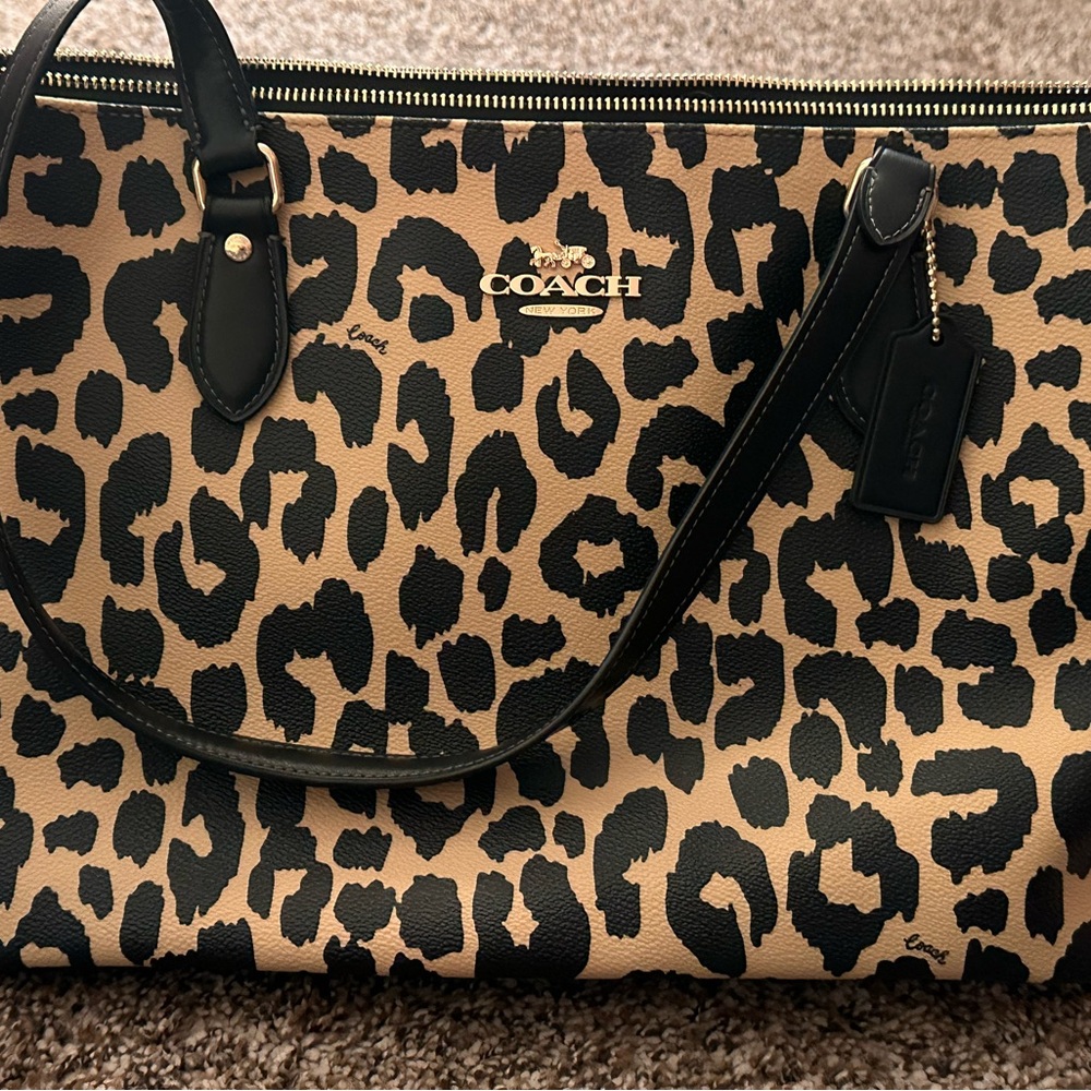 Coach Leopard Print Tote Bag - Black and Tan